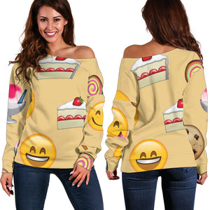 Women Teen Off Shoulder Sweater Emojis Sweets