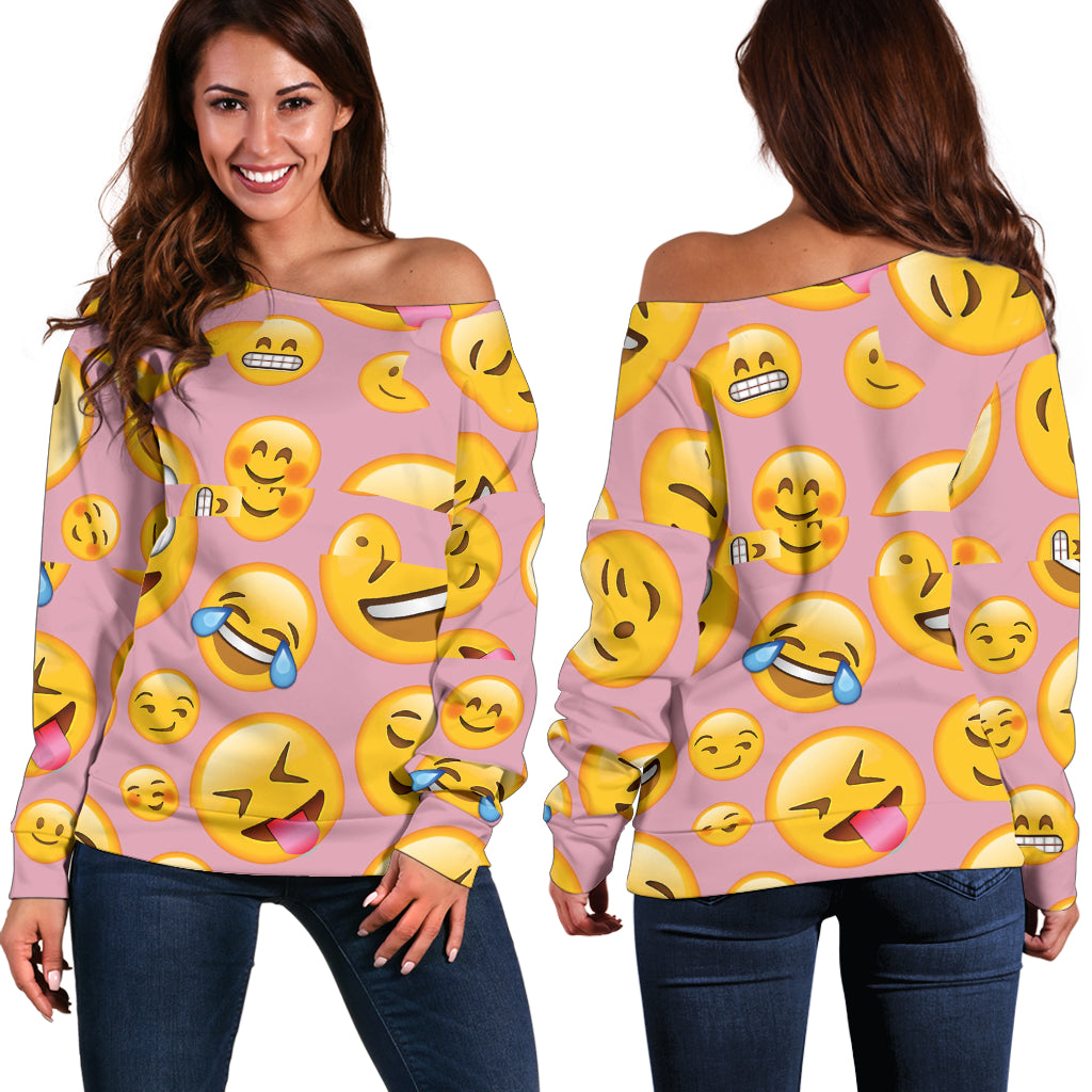 Women Teen Off Shoulder Sweater Emojis Happy