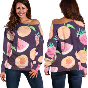 Women Teen Off Shoulder Sweater Fruits 10