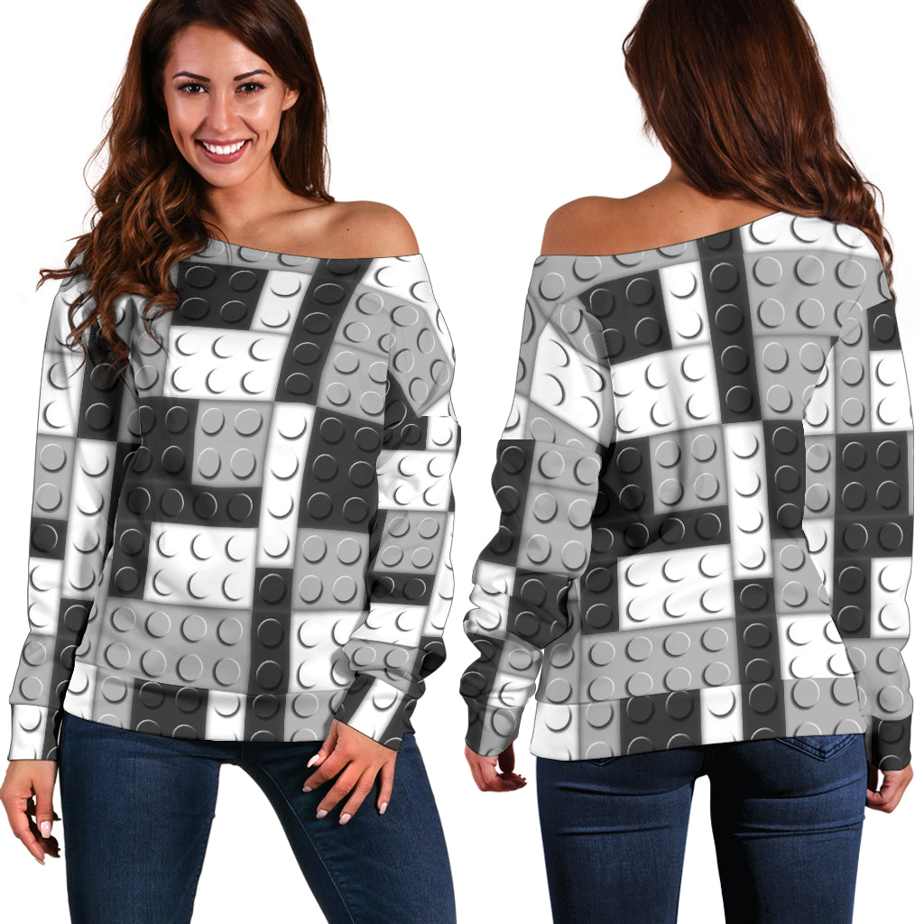 Women Teen Off Shoulder Sweater Legos Building Blocks 07 B and W Brick pattern
