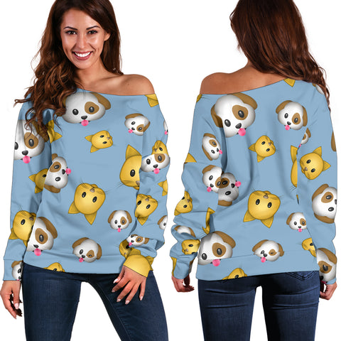 Women Teen Off Shoulder Sweater Emojis Cat and Dog