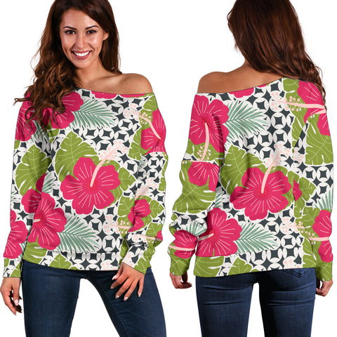 Women Teen Off Shoulder Sweater Floral Tropical 1-07