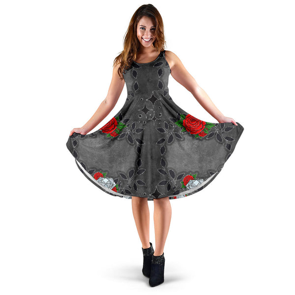 Women's Dress, No Sleeves, Custom Dress, Midi Dress, Sugar Skull 14