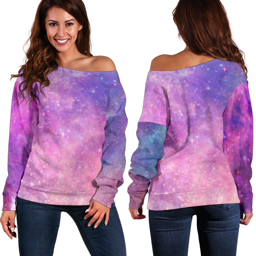 Women Teen Off Shoulder Sweater Pastel Galaxy 3