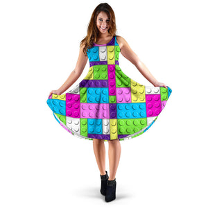 Women's Dress, No Sleeves, Custom Dress, Midi Dress, Lego Building Blocks Pastel 01