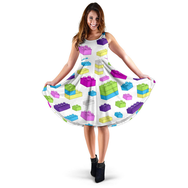 Women's Dress, No Sleeves, Custom Dress, Midi Dress, Lego Building Blocks Pastel 09