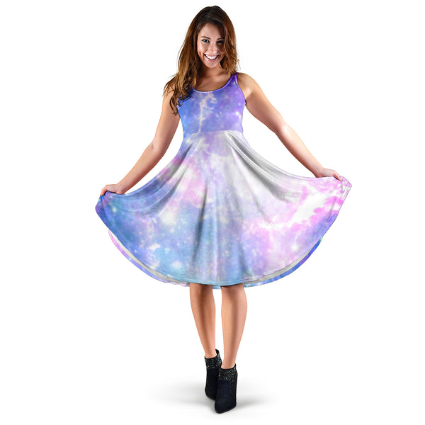 Women's Dress, No Sleeves, Custom Dress, Midi Dress, Pastel Galaxy 05