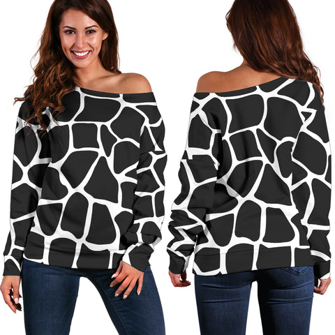 Women Teen Off Shoulder Sweater Animal Print Black And White BWanimalprint-04