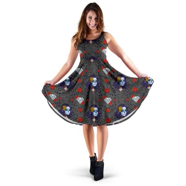 Women's Dress, No Sleeves, Custom Dress, Midi Dress, Sugar Skull 12