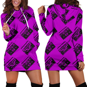 Studio11Couture Women Hoodie Dress Hooded Tunic 80s Violet Boombox Athleisure Sweatshirt