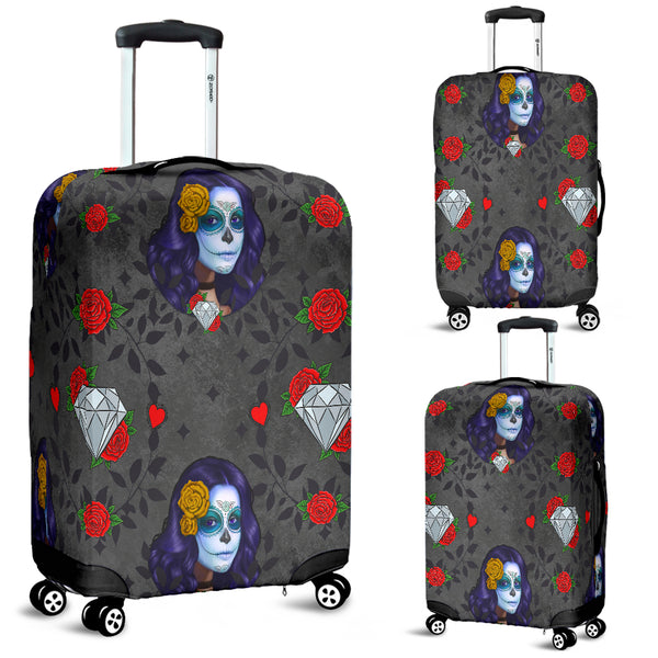 Sugar Skull Diamond Red Rose Luggage Cover