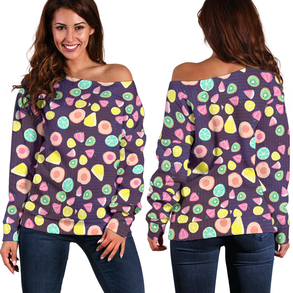 Women Teen Off Shoulder Sweater Fruits 08