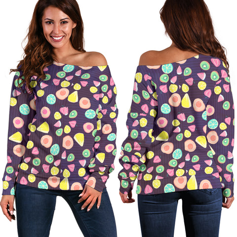 Women Teen Off Shoulder Sweater Fruits 08