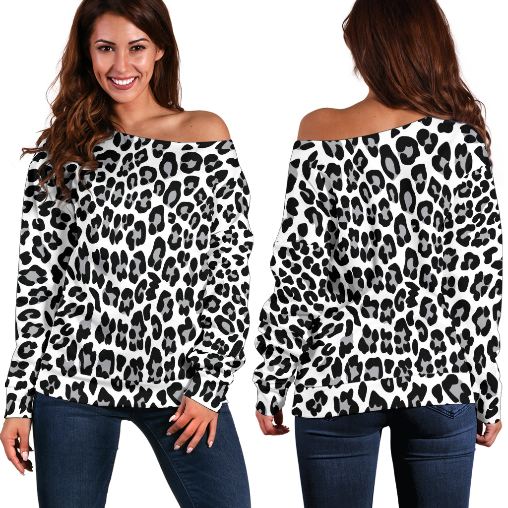 Women Teen Off Shoulder Sweater Leopard Print Digital Paper 01