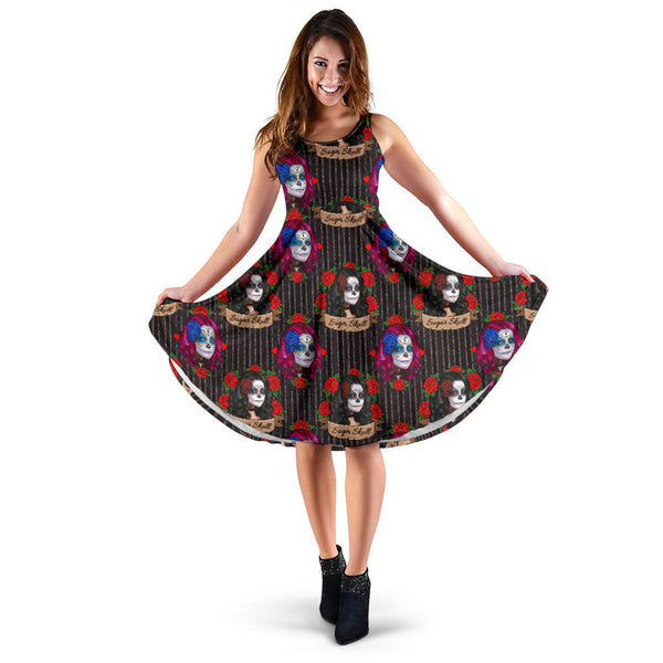 Women's Dress, No Sleeves, Custom Dress, Midi Dress, Sugar Skull 13