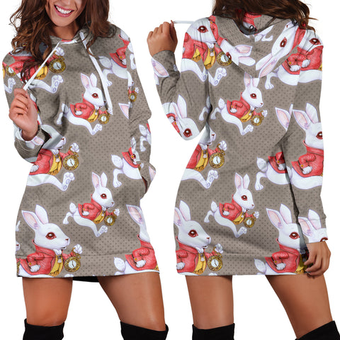 Studio11Couture Women Hoodie Dress Hooded Tunic Hurry Up White Rabbit Alice In Wonderland Athleisure Sweatshirt