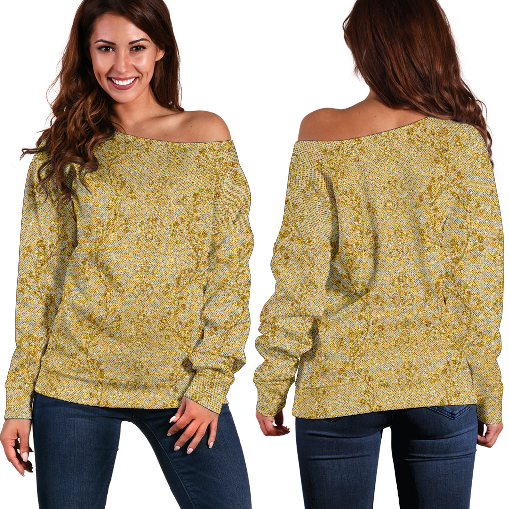 Women Teen Off Shoulder Sweater Gold Floral 6