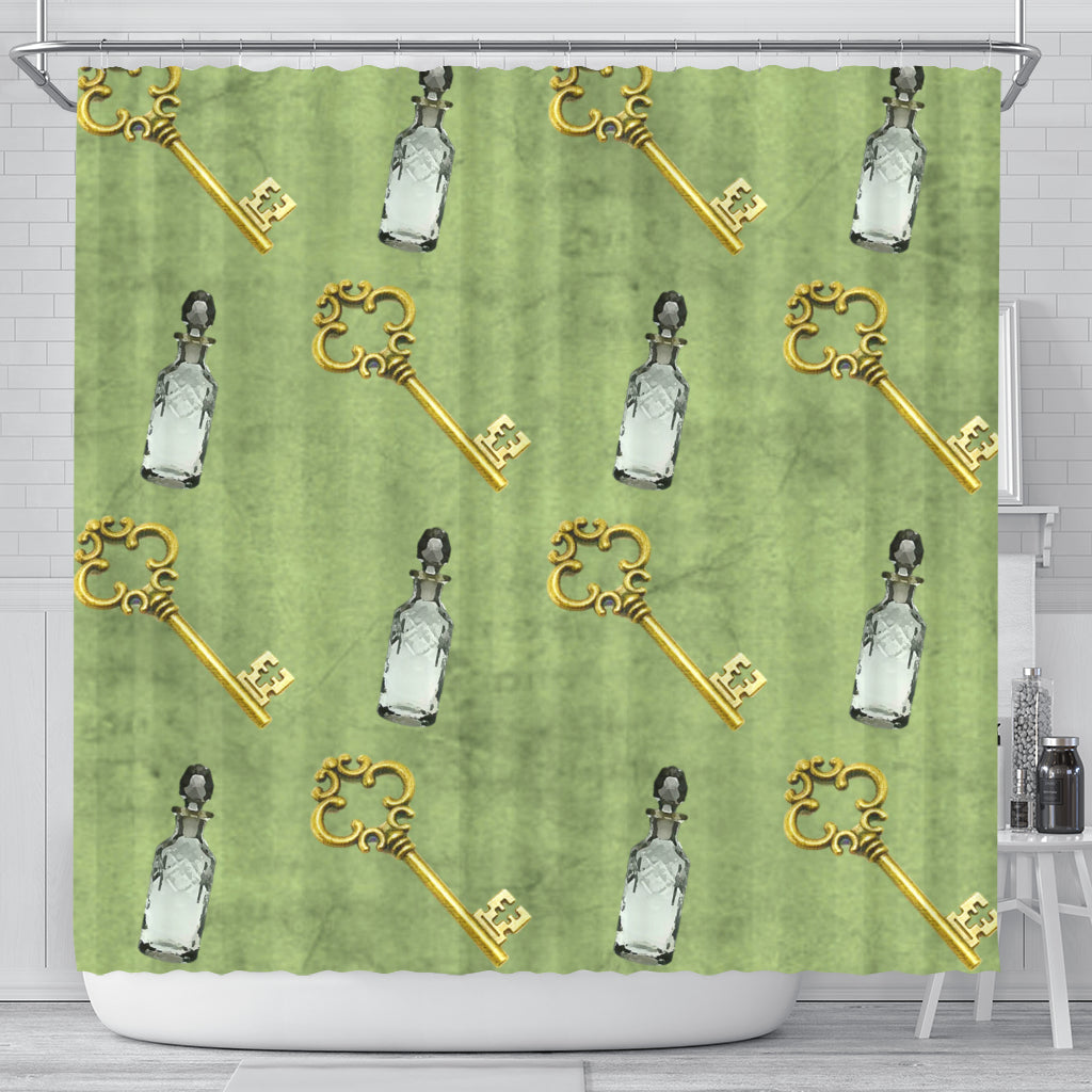 Keys and Drinks Green Alice In Wonderland Shower Curtain