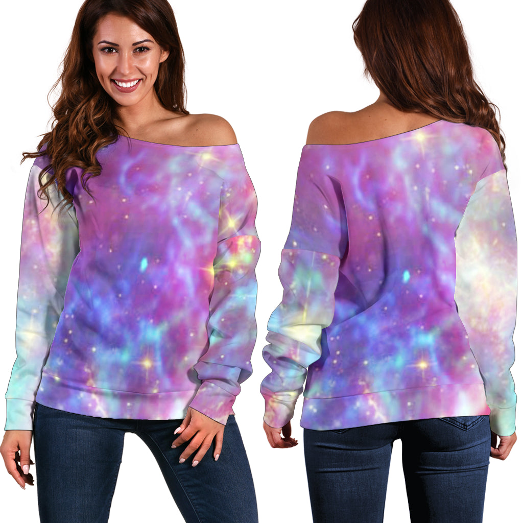 Women Teen Off Shoulder Sweater Pastel Galaxy 2