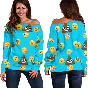 Women Teen Off Shoulder Sweater Emojis Happy Poo Blue