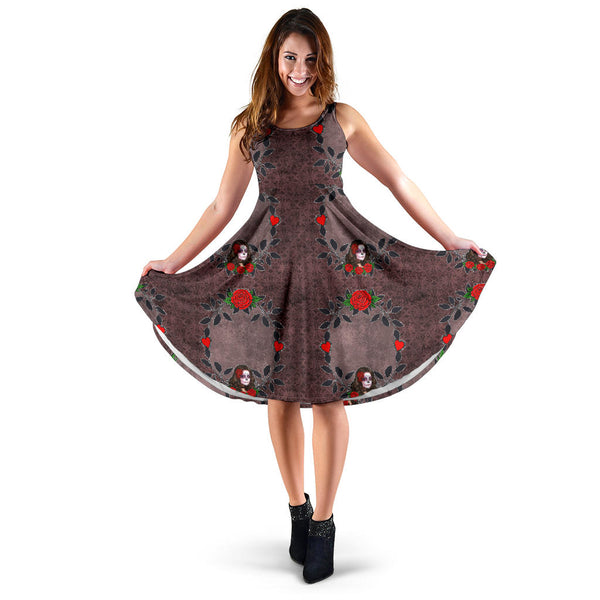 Women's Dress, No Sleeves, Custom Dress, Midi Dress, Sugar Skull 04