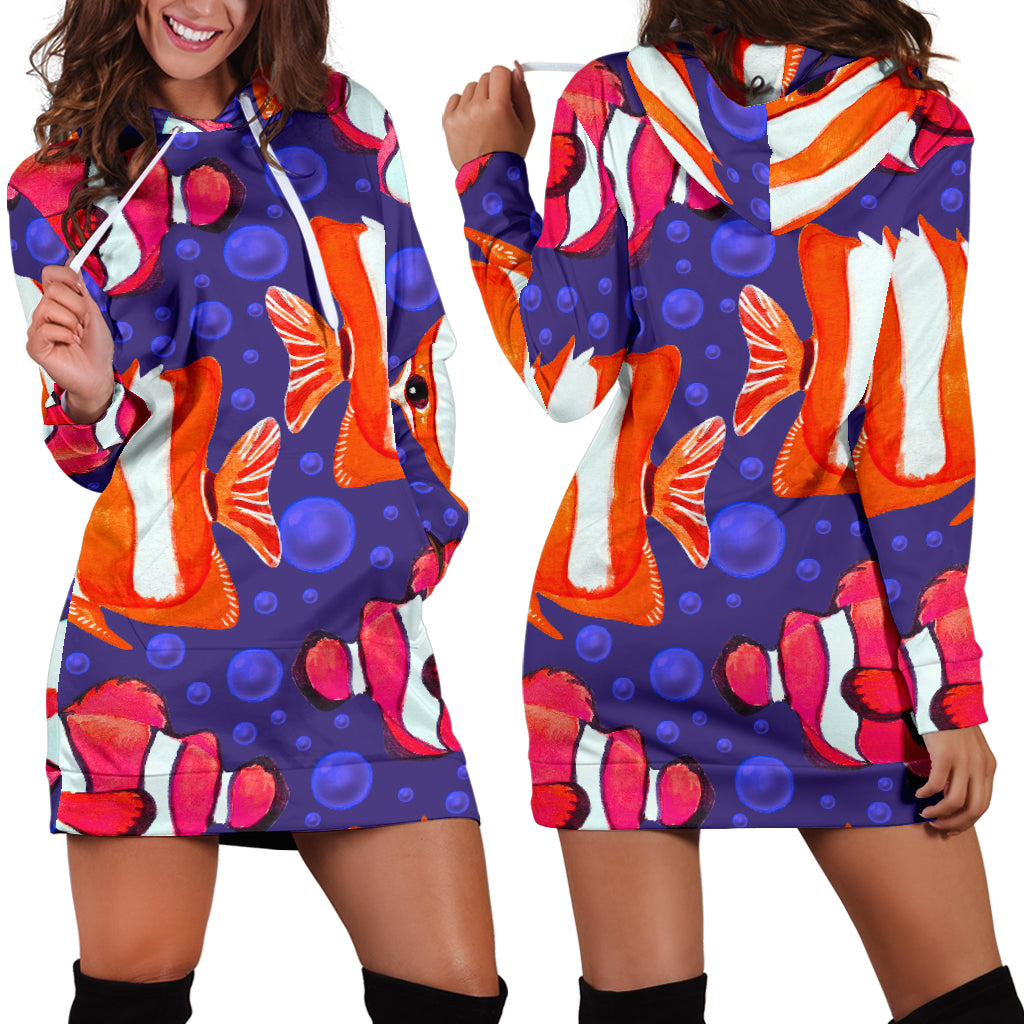 Studio11Couture Women Hoodie Dress Hooded Tunic Colorful Clownfish Athleisure Sweatshirt