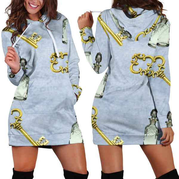 Studio11Couture Women Hoodie Dress Hooded Tunic Keys and Drinks Alice In Wonderland Athleisure Sweatshirt