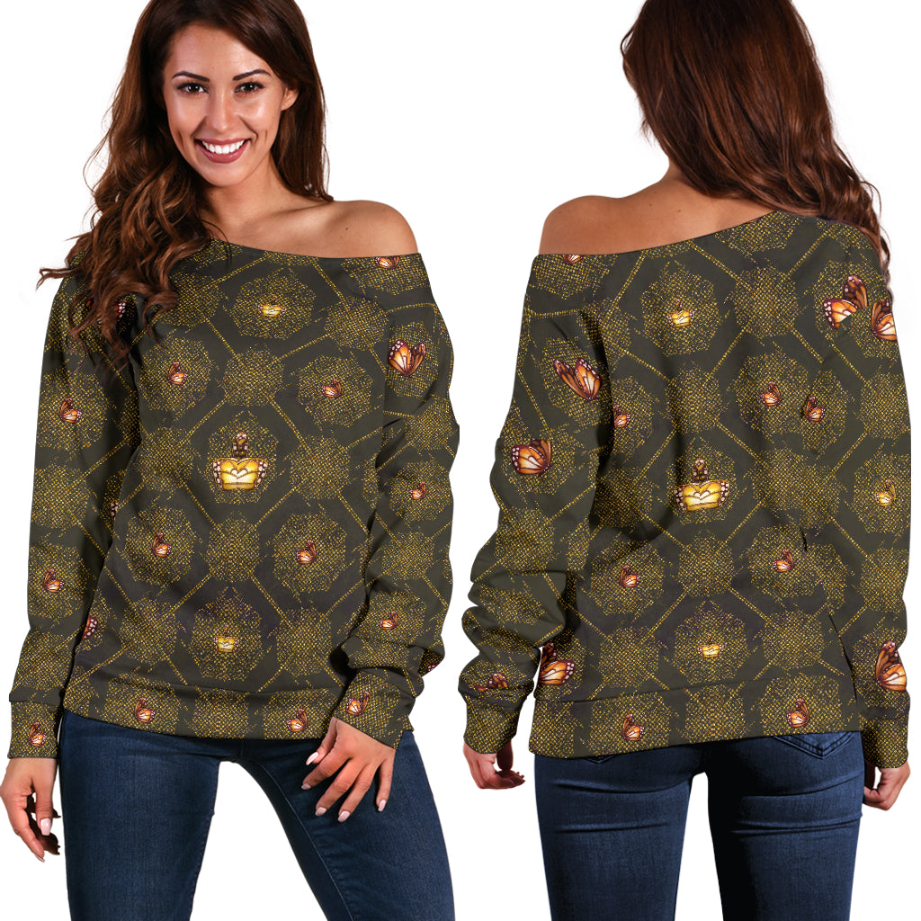 Women Teen Off Shoulder Sweater Gold Floral 9