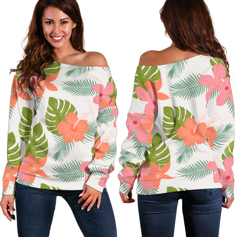 Women Teen Off Shoulder Sweater Floral Tropical 1-09
