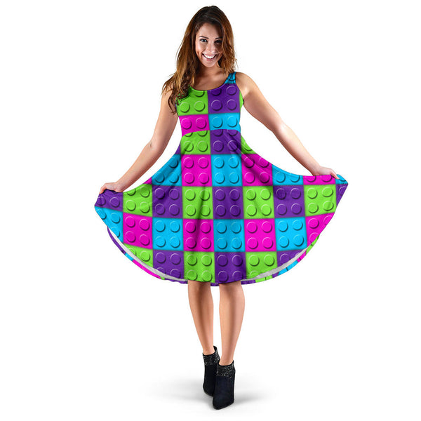 Women's Dress, No Sleeves, Custom Dress, Midi Dress, Lego Building Blocks Pastel 10