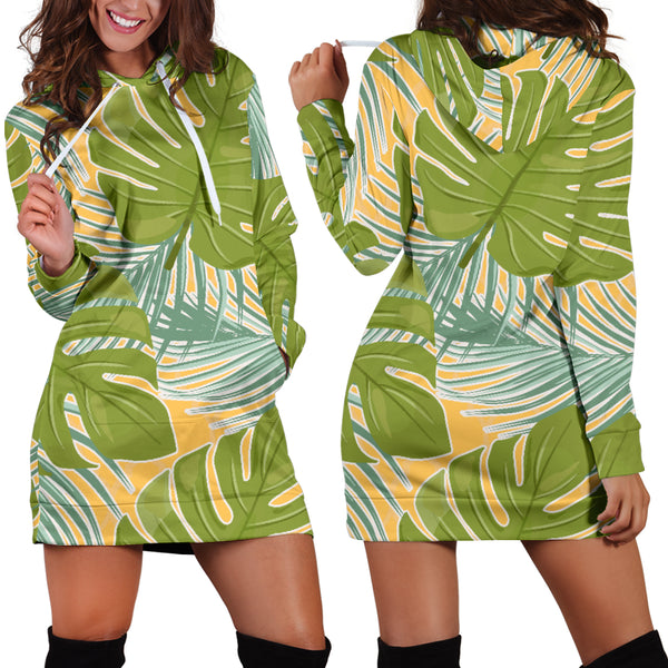Studio11Couture Women Hoodie Dress Hooded Tunic Tropical Palm Leaves Athleisure Sweatshirt