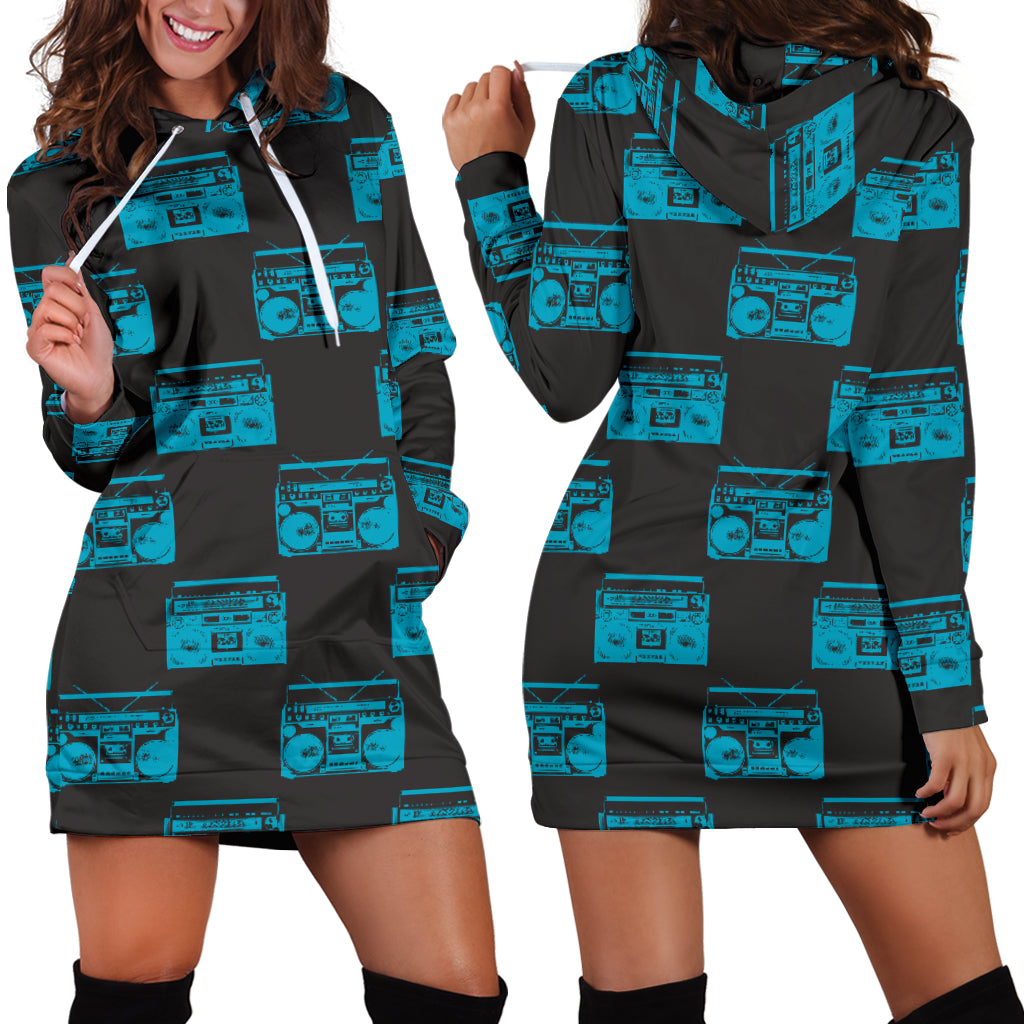 Studio11Couture Women Hoodie Dress Hooded Tunic 80s Turquoise Boombox Athleisure Sweatshirt