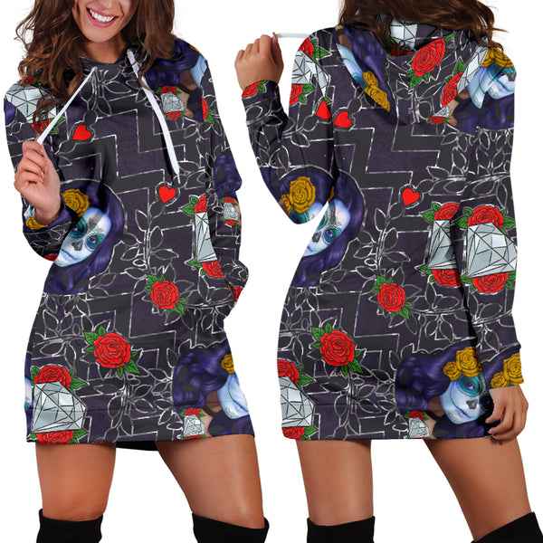 Studio11Couture Women Hoodie Dress Hooded Tunic Sugar Skull Chevron Athleisure Sweatshirt