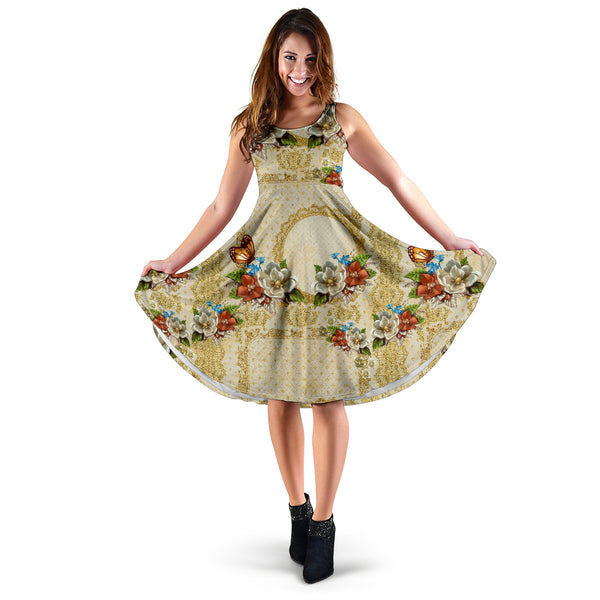 Women's Dress, No Sleeves, Custom Dress, Midi Dress, Gold Floral 1-01