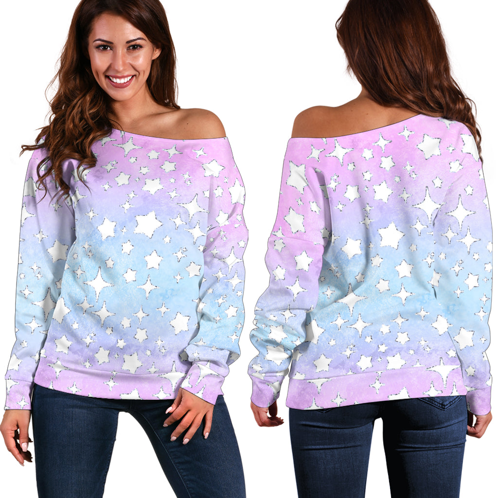Women Teen Off Shoulder Sweater Unicorn 1 Starry Night Pastel