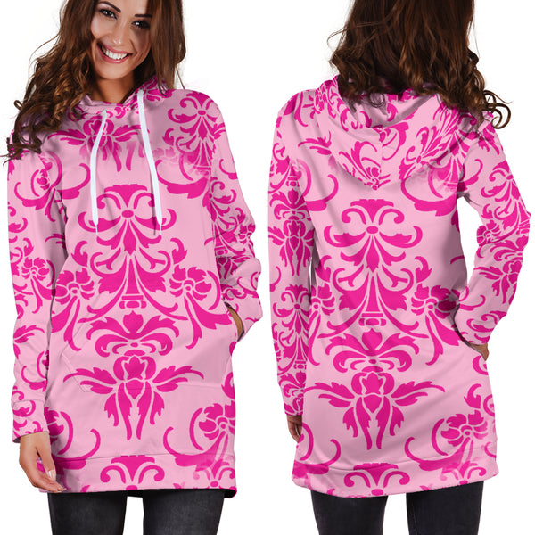 Studio11Couture Women Hoodie Dress Hooded Tunic Pink Damask Athleisure Sweatshirt