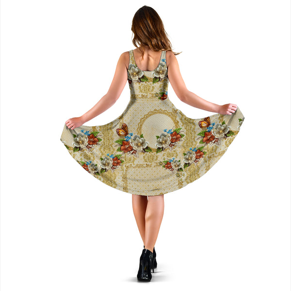 Women's Dress, No Sleeves, Custom Dress, Midi Dress, Gold Floral 1-01