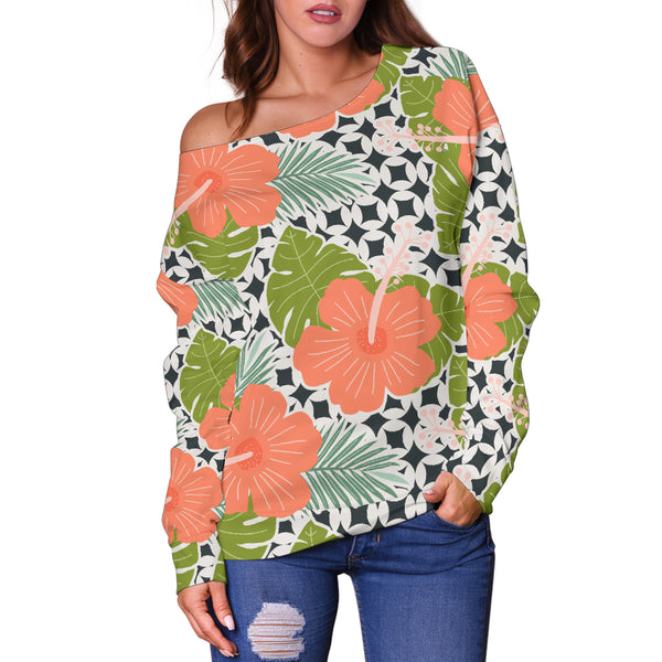 Women Teen Off Shoulder Sweater Floral Tropical 1-01