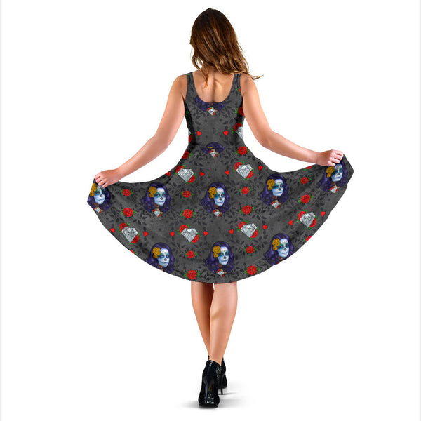 Women's Dress, No Sleeves, Custom Dress, Midi Dress, Sugar Skull 12