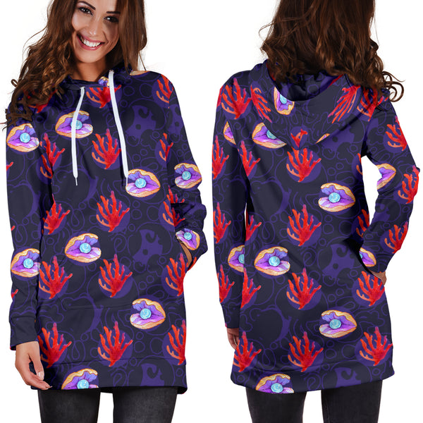 Studio11Couture Women Hoodie Dress Hooded Tunic Clam Pearl Athleisure Sweatshirt