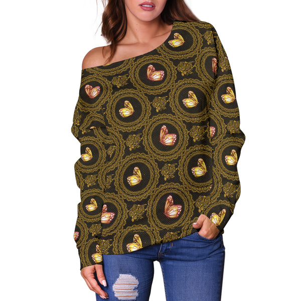 Women Teen Off Shoulder Sweater Gold Floral 3