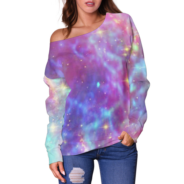 Women Teen Off Shoulder Sweater Pastel Galaxy 2