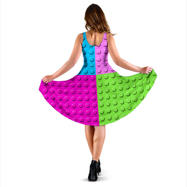 Women's Dress, No Sleeves, Custom Dress, Midi Dress, Lego Building Blocks Pastel 08