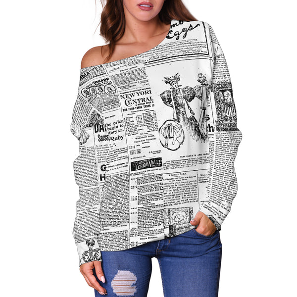 Women Teen Off Shoulder Sweater Old Newspaper 1 (5)