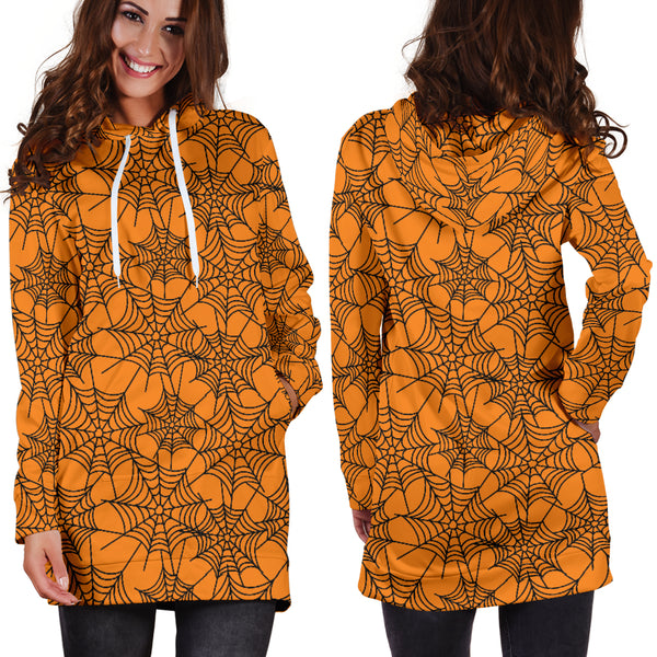 Studio11Couture Women Hoodie Dress Hooded Tunic Orange Spider Web Halloween Athleisure Sweatshirt