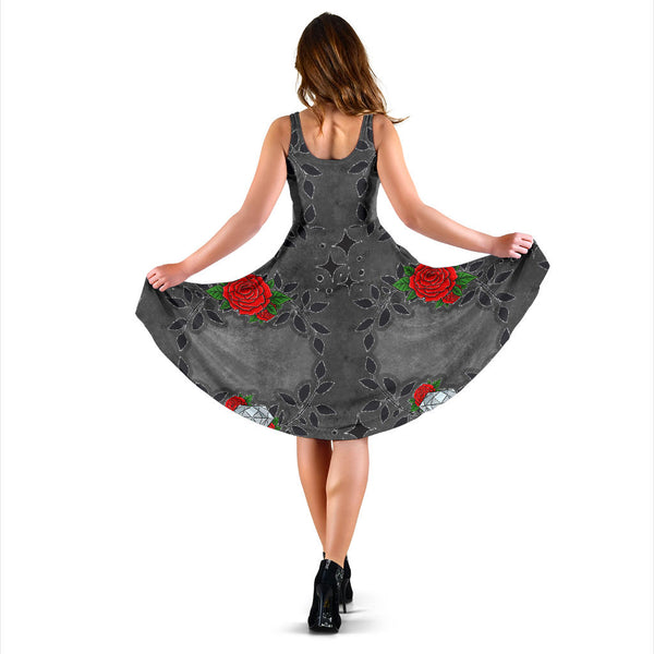Women's Dress, No Sleeves, Custom Dress, Midi Dress, Sugar Skull 14