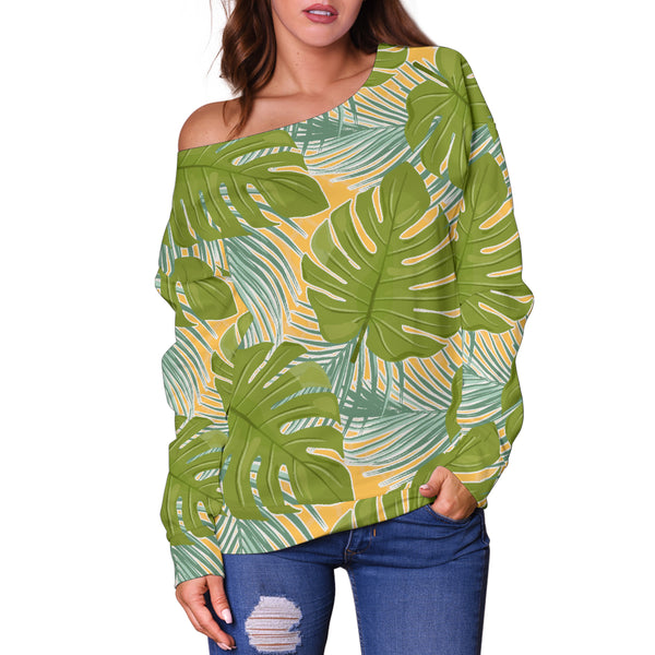 Women Teen Off Shoulder Sweater Floral Tropical 1-03