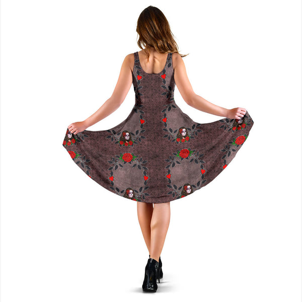 Women's Dress, No Sleeves, Custom Dress, Midi Dress, Sugar Skull 04