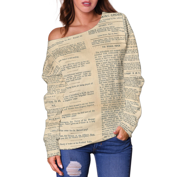 Women Teen Off Shoulder Sweater Old Newspaper 1 (10)