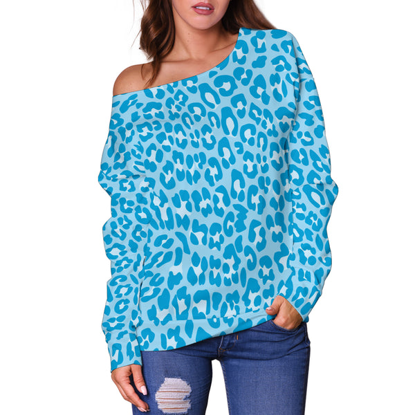 Women Teen Off Shoulder Sweater Leopard Print Digital Paper 07